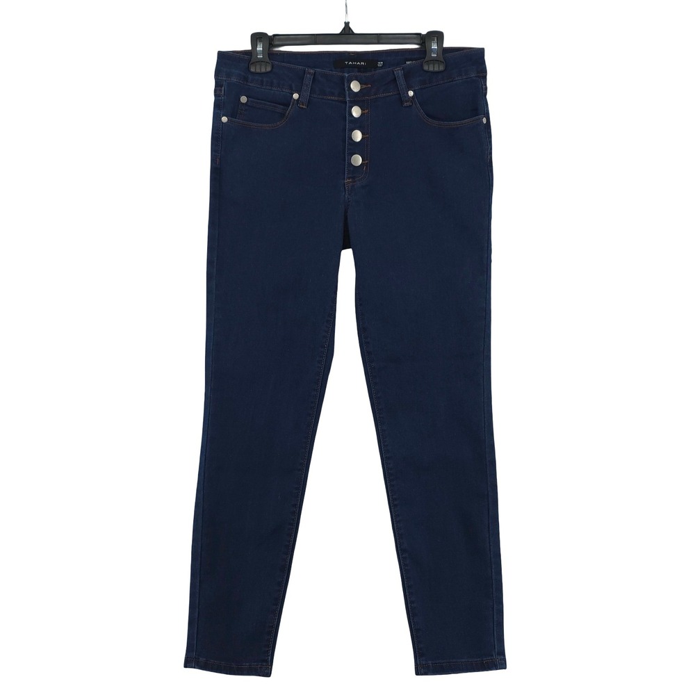 Tahari Amelia Button Fly Skinny Mid Rise Indigo Blue Jeans